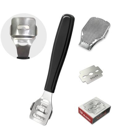 Foot Files Callus Remover Stainless Steel Foot Shaver (10 Replacement Slices Blades & 1 Foot File Heads) Professional Foot Care Tools for Pedicure to Removes Hard Skin Corns for Dry and Wet Feet Black