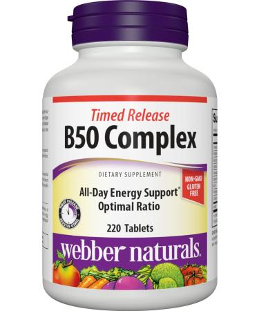 Webber Naturals Vitamin B50 B-Complex 220 Tablets All 8 B Vitamins All-Day Energy Immune Function and Metabolism Support Gluten Free Non-GMO Vegan