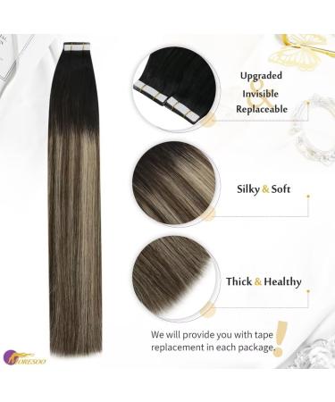 Moresoo Invisible Tape-In Hair Extensions - Real Hair 35cm - Black to Dark Brown with Caramel Blonde - 10 Pieces 25g #1B/3/27 - Premium Quality Adhesive Tapes - Buy Online on GoSupps.com