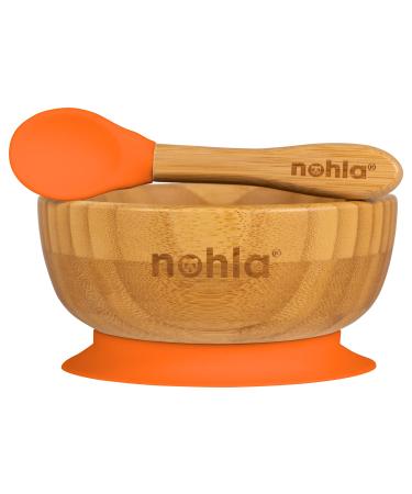 nohla - Bamboo Baby Weaning Suction Bowl and Spoon Set - Orange - 350ml Capacity - 100% Natural & Organic BPA-Free Silicone - Toddler Mealtime Essentials Orange Bowl
