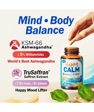 LABO Nutrition Happy Calm with KSM-66 Ashwagandha 5% Withanolides Saffron Extract and Black Pepper Extract for Stress Relief Energy Quality Sleep & Relaxation Non GMO 90 Veggie Capsules - Buy Online on GoSupps.com