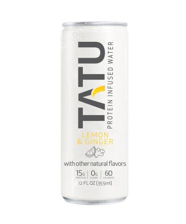 TATU Ready-To-Drink Protein Infused Water Lemon Ginger 4 Pack. 15 grams of whey protein isolate 0 grams of sugar only 60 calories. Lemon Ginger and Orange Mango. Gluten Free lactose free. Lemon Ginger 12 Fl Oz (Pack of 4)