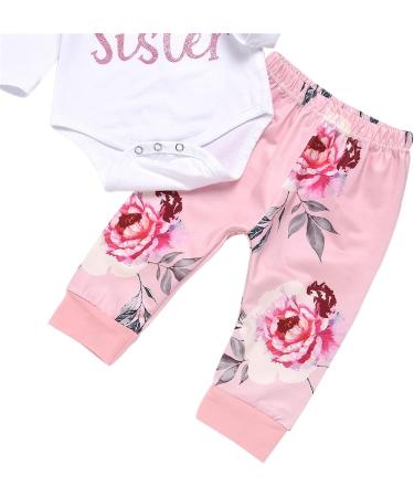 ChYoung Baby Girl Little Sister Romper Top & Rose Printed Pant Set | Newborn Outfit with Headband, 3 Pieces (0-3 Months) - Pink - Buy Online on GoSupps.com