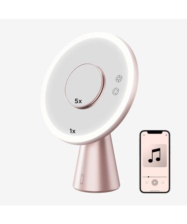 One Products Makeup Mirror with Light and Bluetooth Speaker  Bright LED Lighted Make up Mirror with 3 Light Modes  Hands-Free Speakerphone with Detachable 5X Magnifying Mirror (OPCM003-BT)