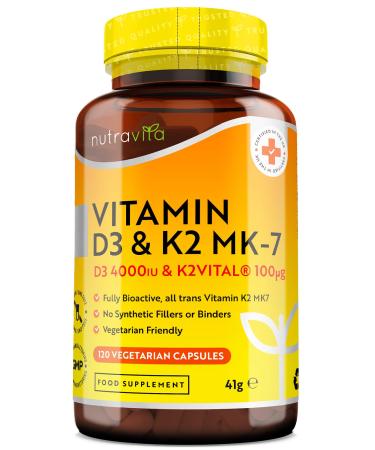 Vitamin D3 4000 IU & Vitamin K2 100ug MK7 (K2VITAL ) - Clinically Proven Ingredients Max Strength - 120Capsules Supports Normal Immune System Cholecalciferol & Menaquinone-7 Made in The UK