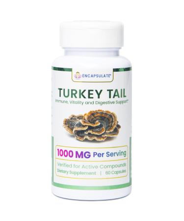 ENCAPSULATE Turkey Tail Capsules 1000mg Premium Organic Fruiting Body 1:1 Extract Adaptogen Mushroom Supplement for Digestive Gut & Immune Support Lab Tested & Max Bioavailability 60 Count