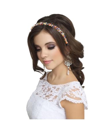 NICENEEDED Beaded Elastic Headband Colourful Bead Forehead Hairband Bohemian Hair Jewelry Head Chain Stretch Tiara Headpieces Hair Accessories for Women Wedding Party Prom