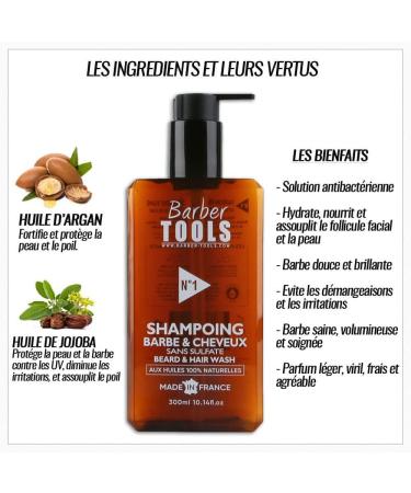 Beard and Hair Shampoo Sulphate Free 300 ml Argan Oil and Jojoba Oil for Beard Care and Care Made in France BARBER TOOLS (300 ml) - Buy Online on GoSupps.com