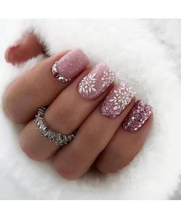 SINLOV Medium French Gradient Fake Nails Nude Christmas Snowflakes Square False Nails Glossy Press on Nails Ballerina Acrylic Full Cover Fake Nails for Women and Girls