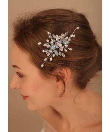 Deniferymakeup Bride Wedding Hair Comb Silver Crystal Deep Blue Hair Comb Beaded Headpieces Pearl Hair Accessories Jewelry for Women and Girls (Deep Blue)