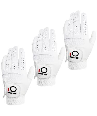 FINGER TEN Golf Gloves Men Left Hand Rain Grip Value 3 Pack, All Weather Durable Grip Size Small Medium Large XL White Black Blue Red Brown White Medium/Large Left