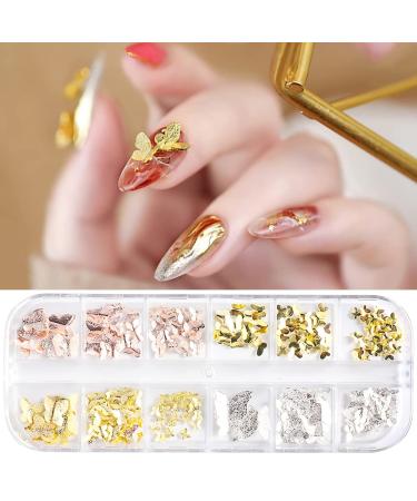 3D Metal Butterfly Nail Art Stud Stickers CHANGAR Metallic Flying Butterfly Nail Charms Gold Silver Rose Gold Alloy Butterfly Nail Rhinestones Accessory with 12 Grid Storage Box