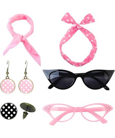 Dtaigou 50s Accessories for Women Headband Drop Earrings Set for 1950s Outfits Cat Eye Glasses with Vintage Polka Dot Hair Bands and Headband for Women Pink One Size - Buy Online on GoSupps.com