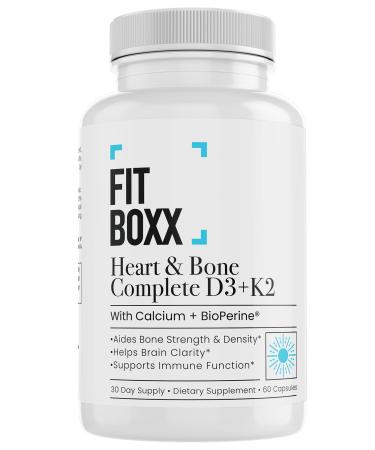 Fit Boxx Heart & Bone Complete D3 + K2 with Calcium & BioPerine Vitamin D3 5000 IU + K2 MK-7 100mcg + Calcium 210mg Bone & Heart Support Non-GMO Gluten-Free Dairy-Free 60 Veggie Capsules