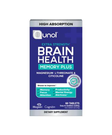 Qunol Brain Health Memory Plus Magnesium L-Threonate & Citicoline Clinically Tested Ingredients to Improve Memory Focus Attention and Productivity 60 Count (Pack of 1)