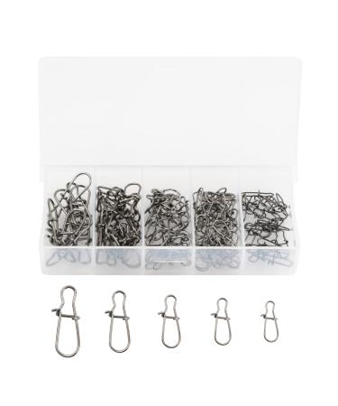 Cozlly snaps fishing set 100 pieces Lock Snaps stainless steel duo lock snaps with box carabiner set for predatory fishing for perch trout pikeperch (5 sizes silver)