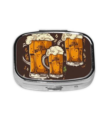 Beer Printing 2 Compartment Small Pill Case Cute Small Pill Box Purse Pill Boxs Travel Pill Organizer for Pocket Purse and Travel Gifts
