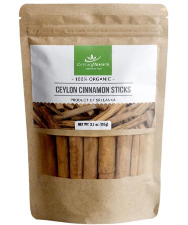 Ceylon Flavors organic Ceylon cinnamon sticks 3.5 oz ( 3 ") True Cinnamon, Premium Grade, Harvested & Packed from a USDA Certified Organic Farm in Sri Lanka (not cassia cinnamon)