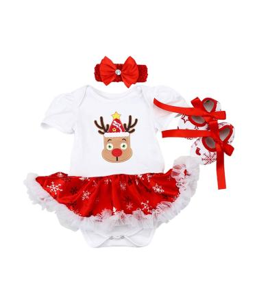 FYMNSI Baby Girl My First Christmas Outfit Infant Babies 1st Xmas Party Dress Princess Tutu Romper with Shoes Headband 3pcs/Set Reindeer Xmas Tree Print Bodysuit Jumpsuit Photo Props for 0-18 Months 6-12 Months White Reindeer