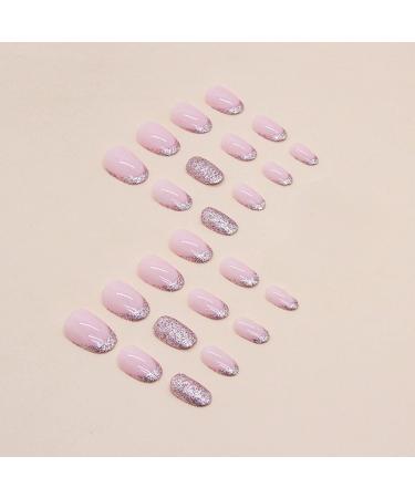 French Pink Glitter Press on Nails | Medium/Short Round Acrylic False Nails with Glossy Finish and Sequin Designs - Women/Girls Stick-on Nail Tips - Buy Online on GoSupps.com