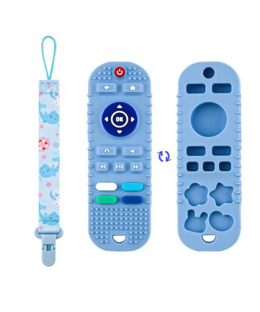 Silicone Baby Teething Toy Remote Control Shaped Baby Teether with a Cute Pacifier Clip Chain Soft Baby Chew Toys Early Sensory Education Molar Toy for Babies 3-18 Months (Blue)