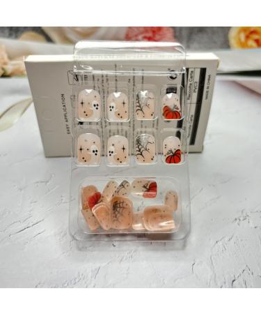 24 Pcs Halloween Press On Nails - Short Square Design with Pumpkins & Ghosts - Full Cover Acrylic Nails with Glue for Women - Buy Online on GoSupps.com