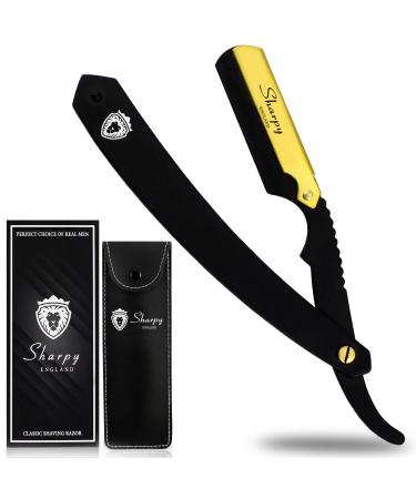 SHARPY Cut Throat Razor Kit - Matte Black with 24K Gold Plated Straight Razor Men - Professional Barber Shaving Razor for Men - Moustache & Beard Razor Men Shaving Set