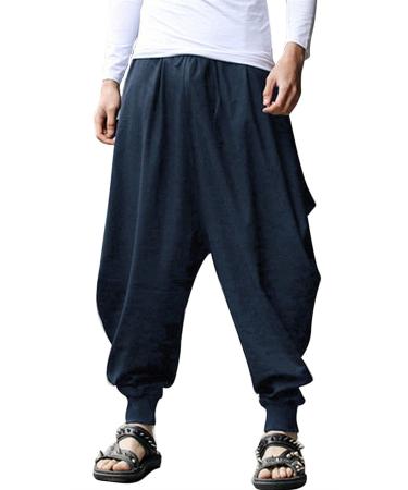 CLANMILUMS Men's Cotton Drawstring Loose Harem Cosplay Hippie Novelty Pants X-Large Navy-1