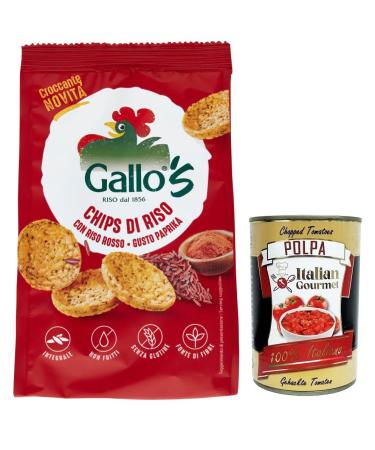 Italian Gourmet E.R. Riso Gallo Chips with Red Rice Snack with Red Rice and Full Pepper Taste 40g Bag + Italian Gourmet Tomato Pulp Box 400g