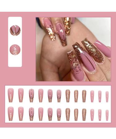 Justotry 24 Pcs Glitter Fake Nails Long Gold French Press On Nails | Beautiful Pink Ballerina Stick On Nails for Women | Acrylic Coffin False Nails with Glue for Nail Art - Buy Online on GoSupps.com