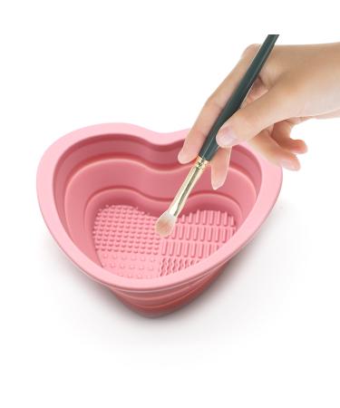 Makeup Brush Cleaning Mat Silicone Cosmetic Brush Cleaning Pad Heart Foldable Brush Cleaning Bowl Portable Cosmetic Brush Cleaner Washing Tool for Makeup Brushes A11ZDQJW Pink