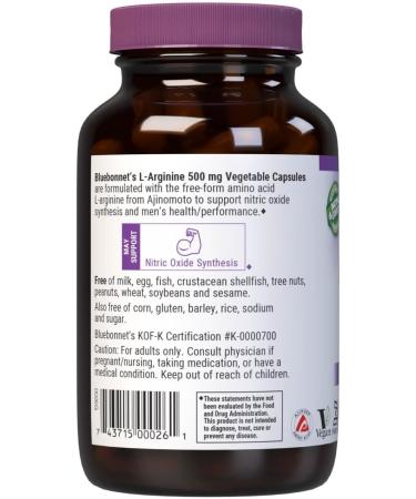 Bluebonnet Nutrition L-Arginine 500mg Free-Form Amino Acid Nitric Oxide Precursor* Soy-Free Gluten-Free Non-GMO Kosher Certified Vegan 100 Vegetable Capsules 100 Servings White - Buy Online on GoSupps.com