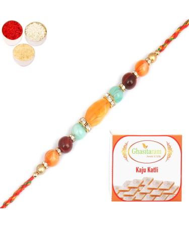 Ghasitaram Gifts Rakhi for Brother Rakhis Online - 8650 Fancy Thread Rakhi with 400 GMS of Kaju katli