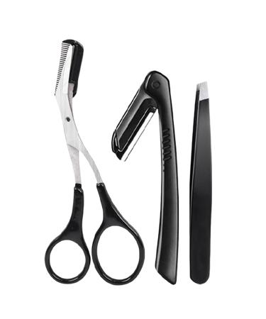 Eyebrow Trimmer for Women - 3 /set Eye Brow Scissors for Women | Eyebrow Brush Set | Eyebrow Scissors with Comb | Stainless Steel Professional Non Slip Face Hair Removal Tool for Men Women Black