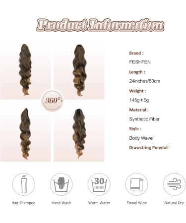 FESHFEN Long Curly Wavy Ponytail Extension 60cm Brown to Auburn - Clip in Synthetic Hairpiece for Women & Girls - Buy Online on GoSupps.com