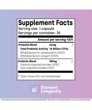 Element Longevity Human Strain Bifidobacterium Adolescentis Probiotic | Fewer Urgent Bowel Movements, Reduced Bloating/Gas, & Digestion Support | Clinically Studied Synbiotic | 30ct (30 Day Supply) - Buy Online on GoSupps.com