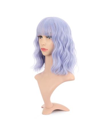 VCKOVCKO Natural Wavy Wig With Air Bangs Short Bob Grey Blue Wigs Women's Shoulder Length Wigs Curly Wavy Synthetic Cosplay Wig Pastel Bob Wig for Girl Colorful Wigs(12",Grey Blue) Light Blue