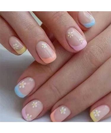 CRRLtry Press on Nails French Flower Fake Nails Acrylic Nails Short False Nails French Tip for Women and Girls 24PCS