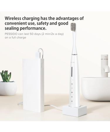 Pessido Sonic Electric Toothbrush - Rechargeable for Adults & Kids | 5 Modes & Timer | 2 Soft Brush Heads & Travel Case | White - Buy Online on GoSupps.com