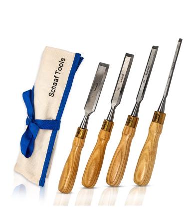 Schaaf Tools 4-Piece Wood Chisel Set | Finely Crafted Woodworking Hand Tools | Durable Cr-V Steel Bevel Edged Blade  Tempered to 60HRc | Tool Roll Included
