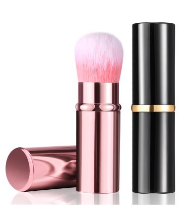 2 Pieces Retractable Kabuki Makeup Brushes Blush Powder Brush Small Travel Makeup Brushes with Cover Makeup Tool for Loose Powder Cream or Liquid Cosmetics (Black, Pink)