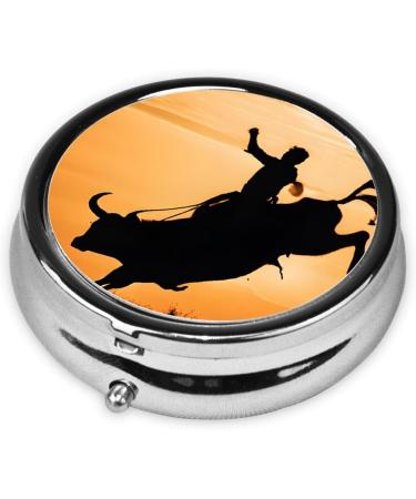 Cool Bull Riding Round Pill Box | 3 Compartment Travel Medicine Organizer | Mini Decorative Pocket Purse for Vitamins & Tablets - Buy Online on GoSupps.com