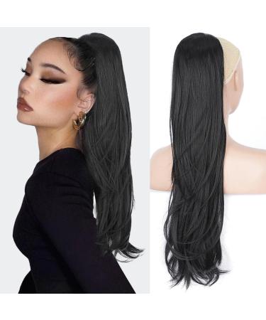Aikaa long braid ponytail hair stretch hair extension with cord strain long smooth wavy natural synthetic hair ponytail extensions black for women 65cm 1b# black