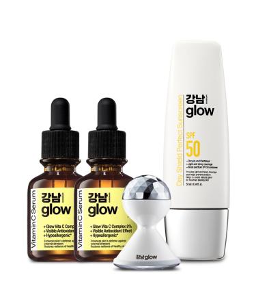 GANGNAM glow Day Shield Perfect Sunscreen SPF 50 & Vitamin C Serum 1.01 oz(Pack of 2) + Galvanic Red LED Booster - Korean Skin Care I Face Moisturizer I Face Massager