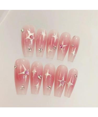 Shop Moguri 24-Piece Pink Diamonds Artificial Nails - Glossy Medium Length Acrylic with Stars Moon & Blush Designs - International Shipping Available - Buy Online on GoSupps.com