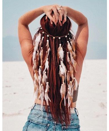 GAngel Bohemian Feather Hairband Indian Gypsy Headband with White and Brown Feather Tassel Hemp Rope for Festival Masquerades Carnival Hippie Costume Indian Hair Feather Women's Hair Prom Accessories