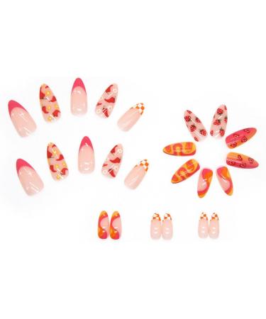 24Pcs Almond French Press on Nails Short Cute Vegetable & Fruit Oval Acrylic Glossy False Nails for Women - Buy Online on GoSupps.com