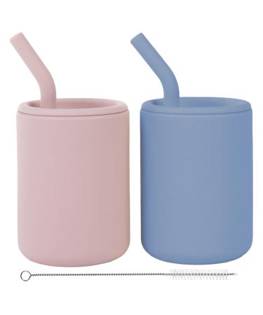 WeeSprout Silicone Baby Cups With Straws and Lids  4 & 8 oz Options  Set of 2 Food Grade Silicone Toddler Training Cups  Built In Straw Stoppers  Measurement Markings  Dishwasher Safe + Straw Cleaner 4 oz Matte Blue  Mat...