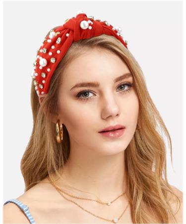 Knotted Headbands with White Pearl Rhinestone Fashion Elegant Ladies Wide Top Knot Hair Bands Rhinestone Hairband Wide Headband Hair Hoop for Woman Girl (Red) - Buy Online on GoSupps.com