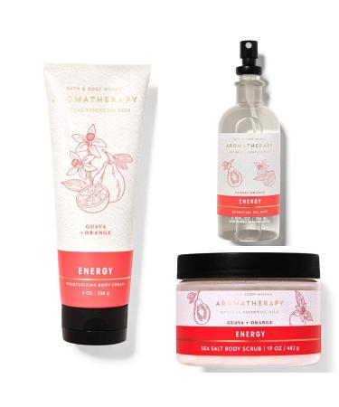 Bath and Body Works Aromatherapy Guava Orange Moisturizing Body Cream Sea Salt Body Scrub and Essential Oil Mist 3 Piece Set